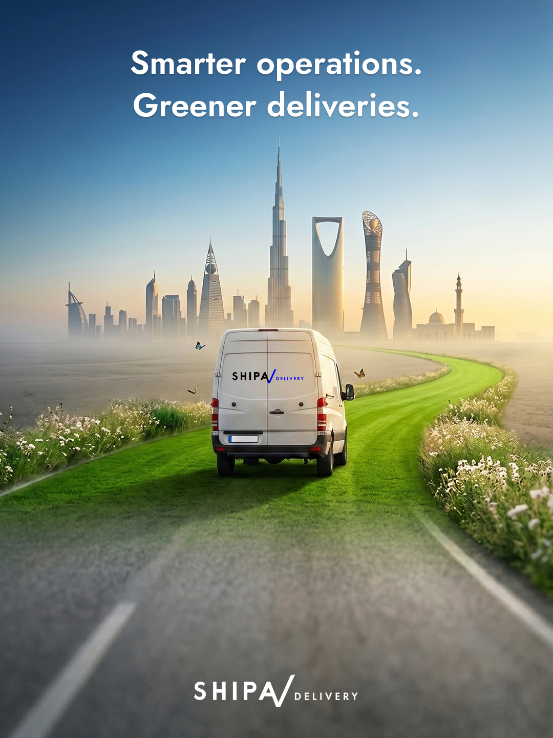 Final: White van, green road, GCC skyline, text + logo (Figma assembly)