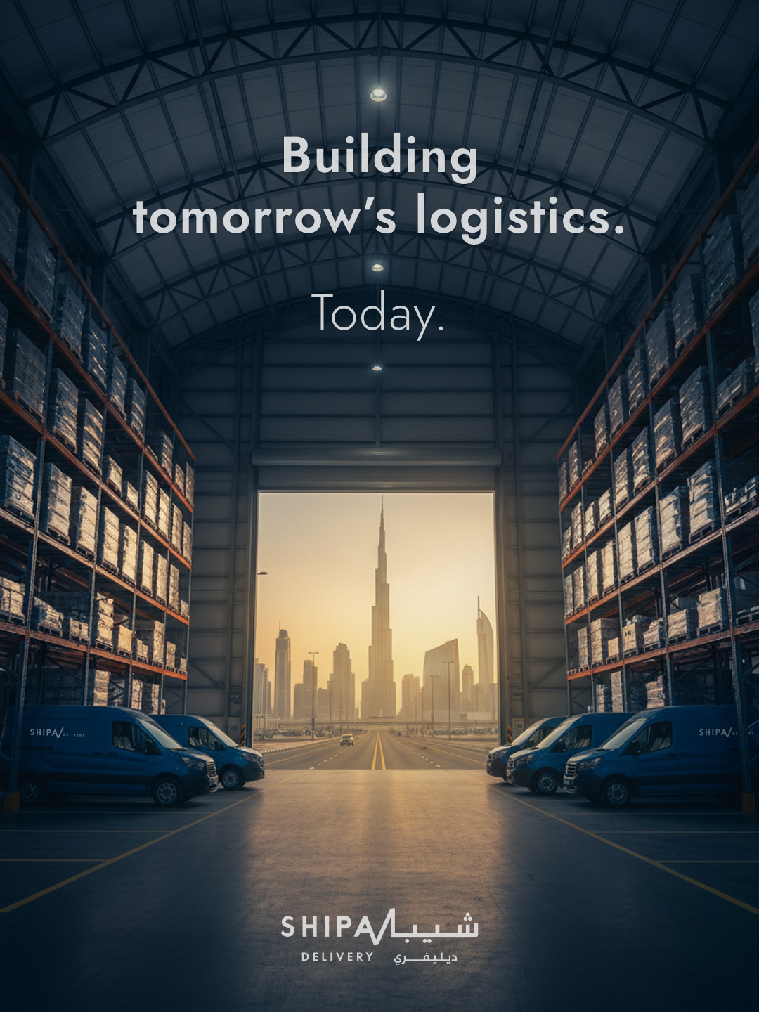 Gateway: warehouse portal to Burj Khalifa at dawn