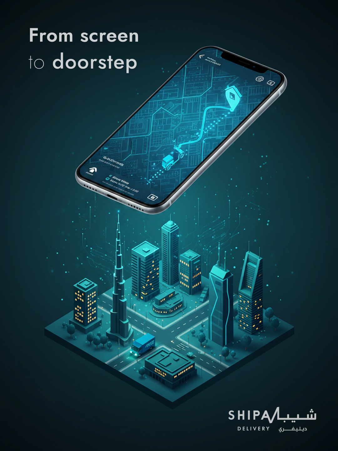Portal: tracking app on screen, delivery route with van icon, teal city