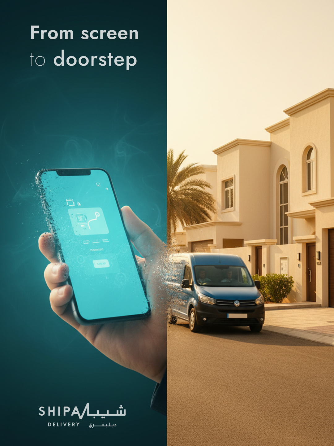 Split: digital phone left, delivery van at villa right