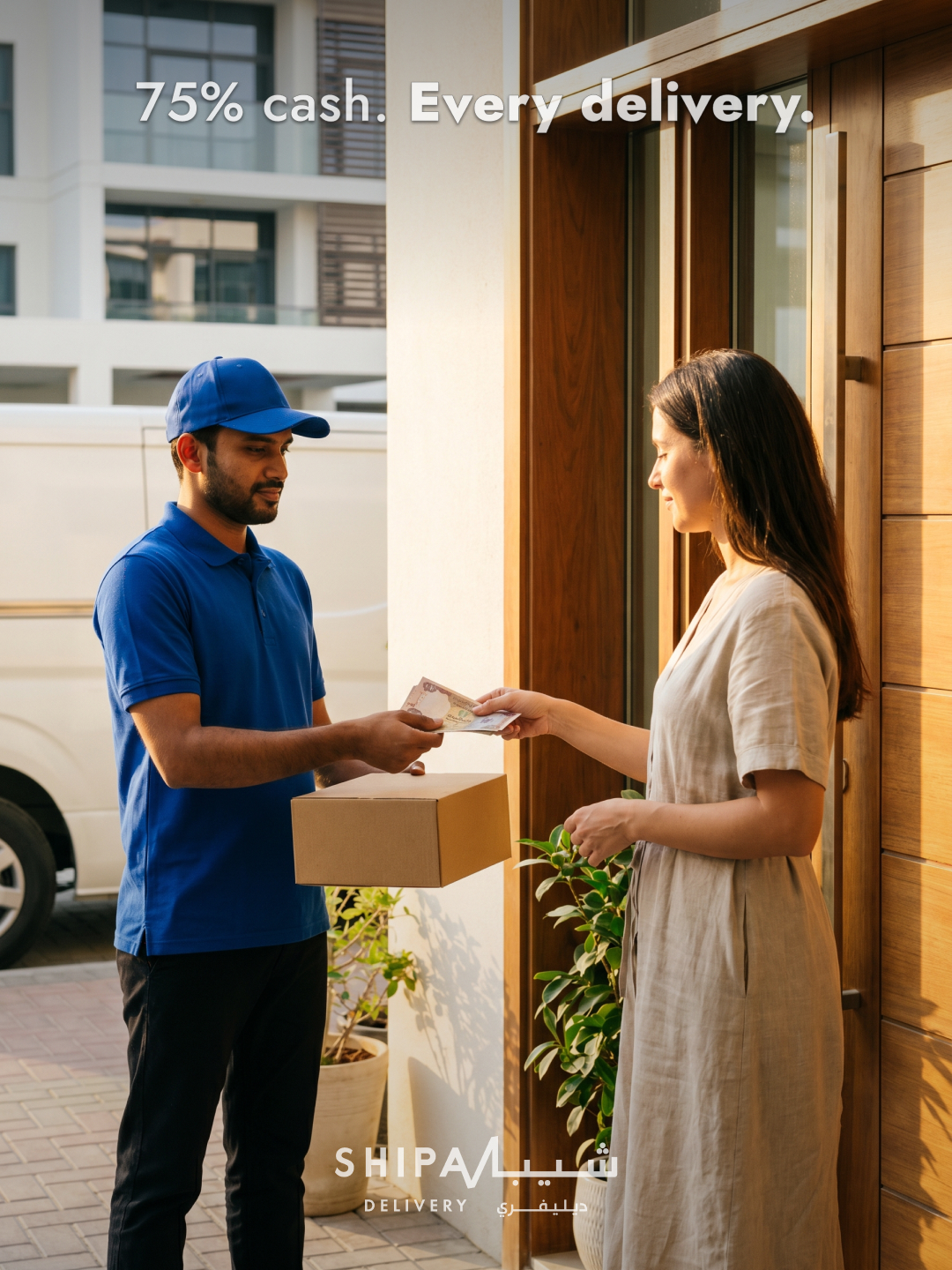 Cover 1: Doorstep cash exchange. Female customer + courier in royal blue polo, AED bills mid-handover, brown package. Modern UAE residential.