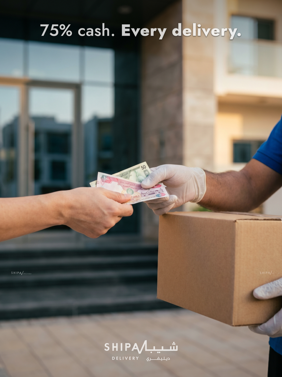 Cover 2: Close-up hand-to-hand. AED dirham banknotes passing between customer and courier hand, cardboard package, modern UAE entrance backdrop.