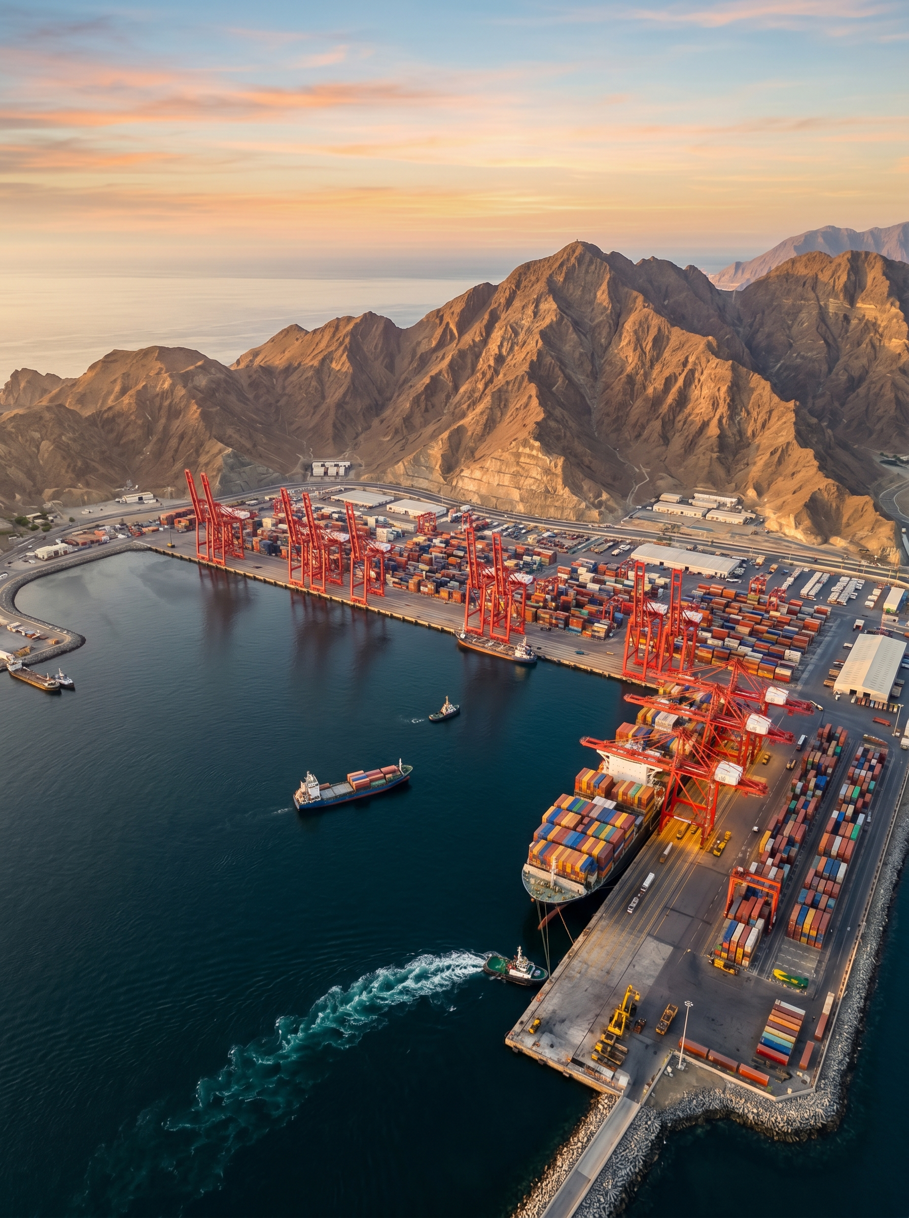 V2: Port hero shot, red cranes + Hajar wall (dawn). Higgsfield NB2.