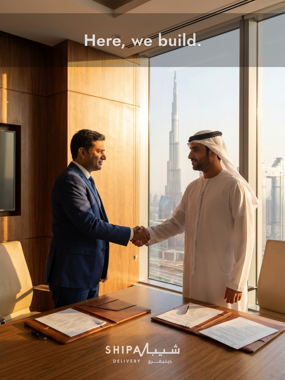 Slide 1: Handshake (Indian + Emirati at Burj Khalifa view). Slogan baked in Figma: Here, we build.