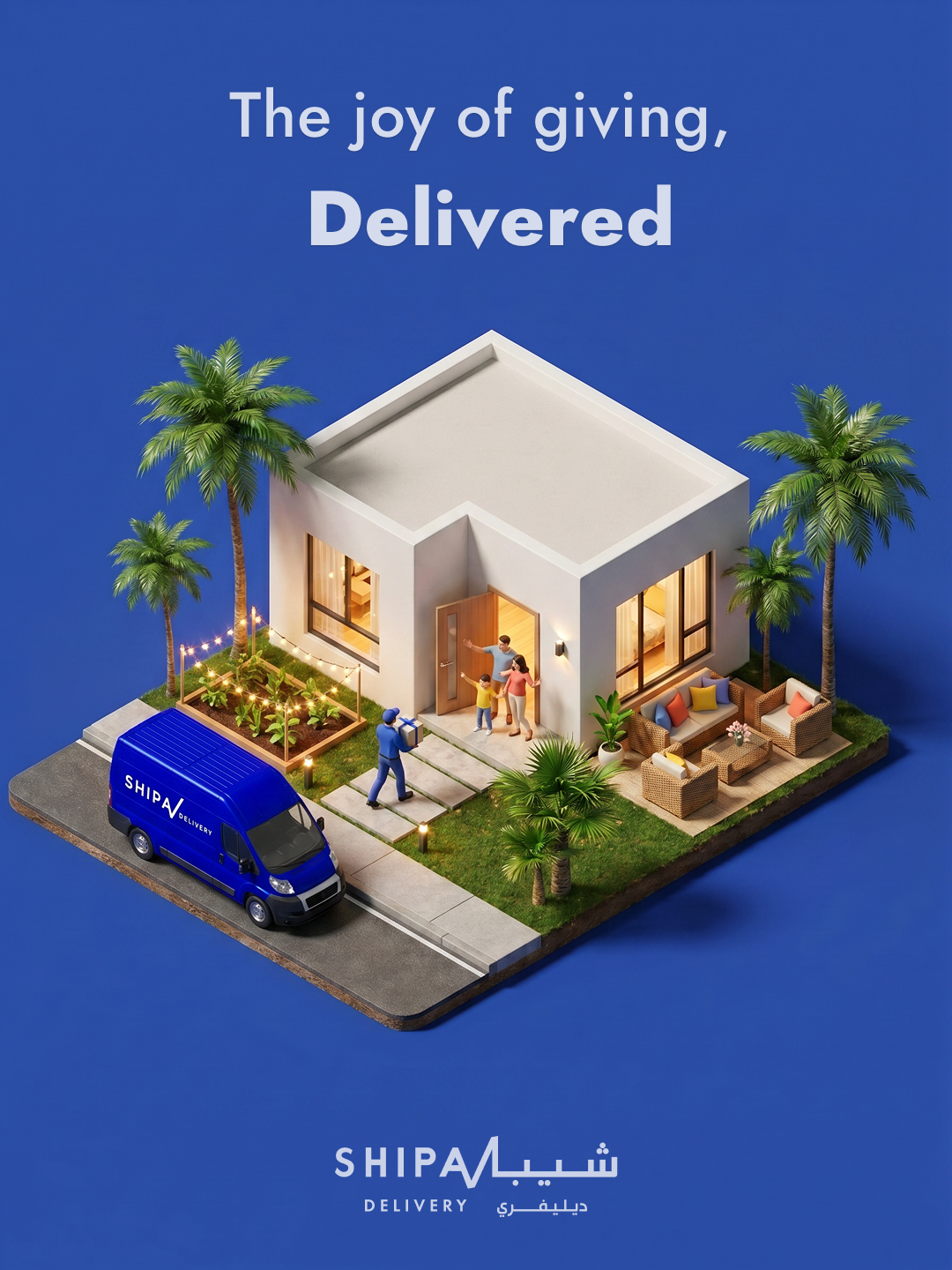 Figma final: 3D diorama, Shipa blue background, courier + family, Jost text + bilingual logo