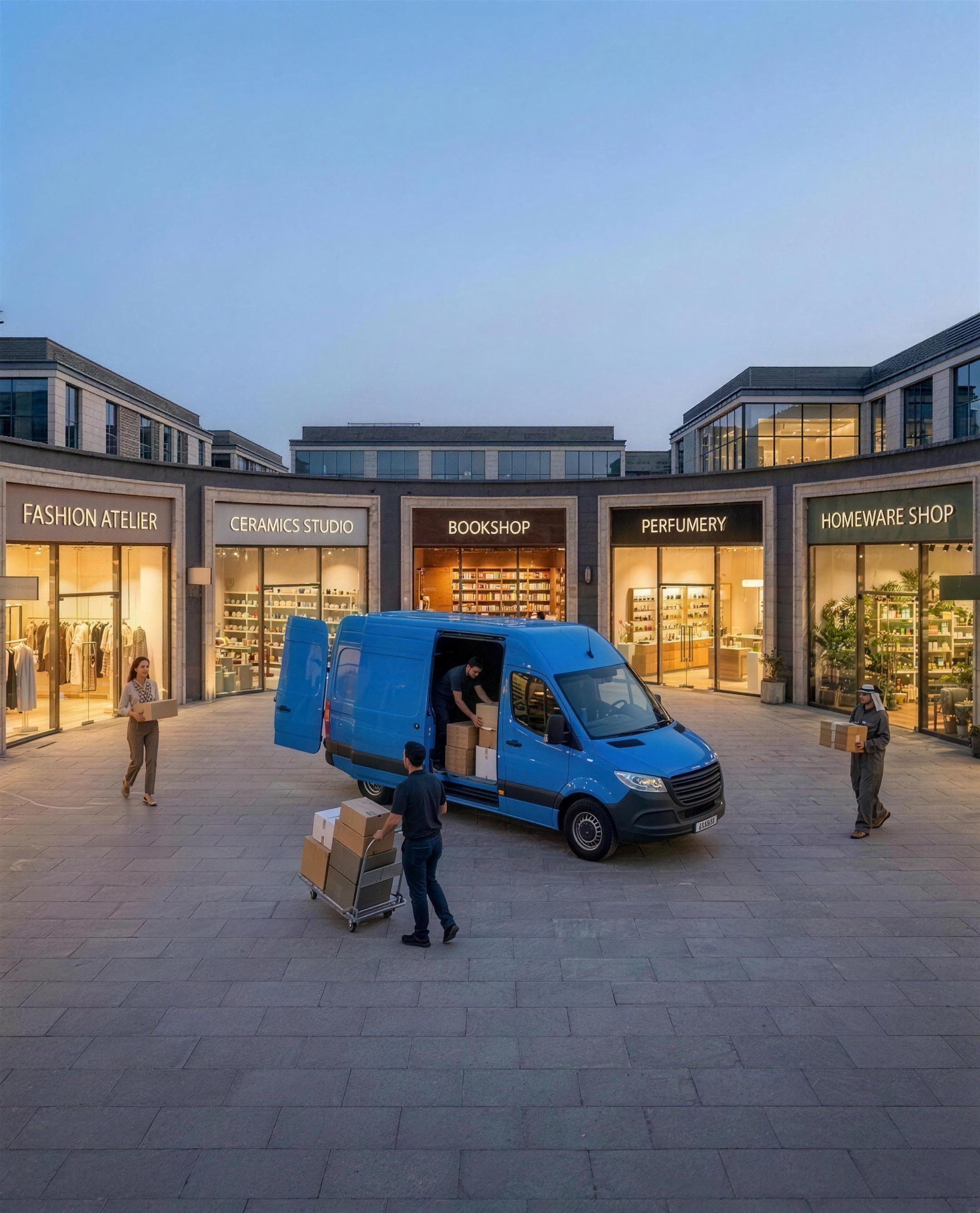 MSME Day FINAL 2K: modern Dubai boutique plaza, blue Shipa van hub, couriers + cardboard parcels + men/women, unbranded van, readable shop signs
