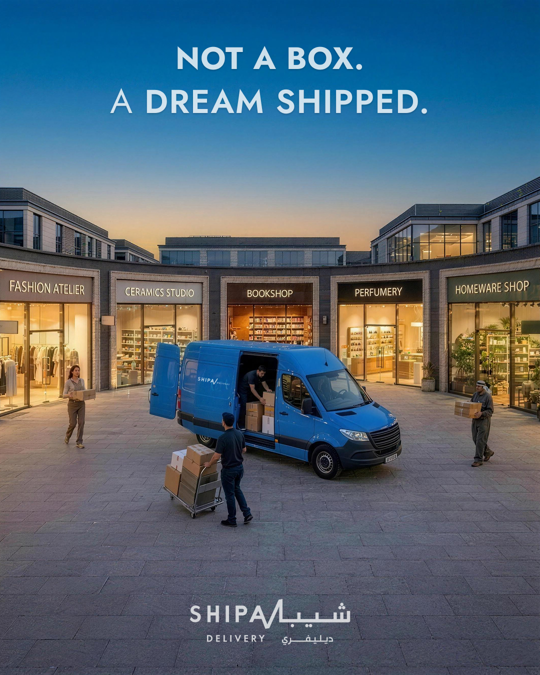 P2 MSME final: boutique plaza, blue-hour sky - Not a box. A dream shipped.