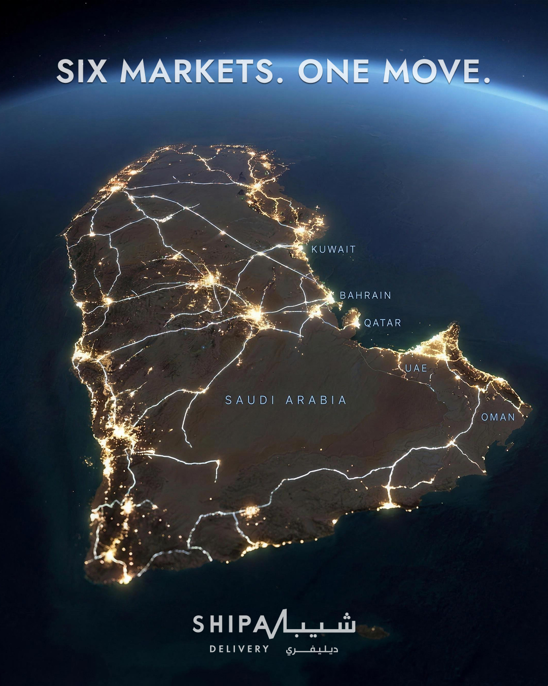 P3 option A: orbital night map - Six markets. One move. (no bold)