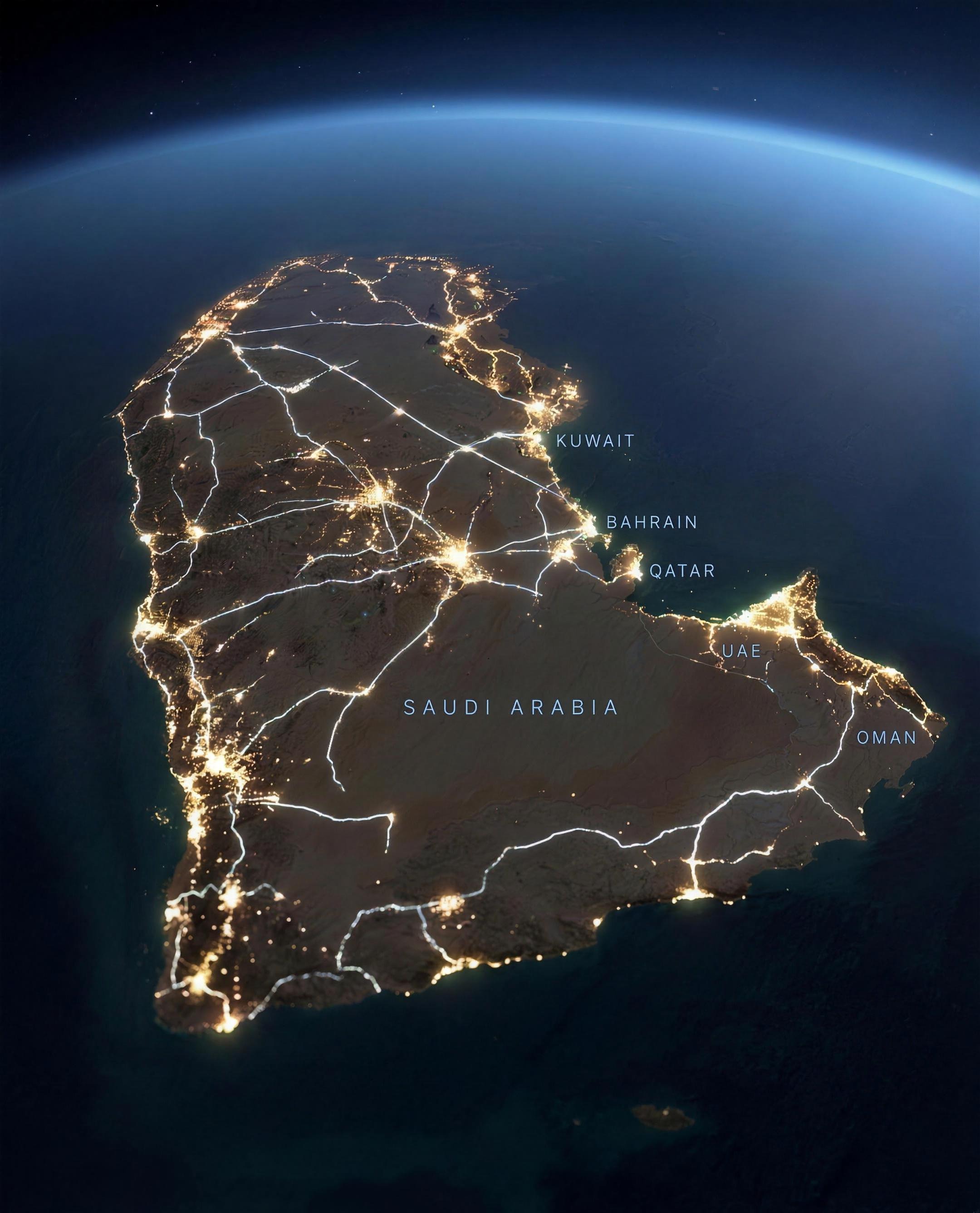 Six markets FINAL 2K: Arabian region at night from orbit, golden cities + white roads + blue country labels (KUWAIT clean)