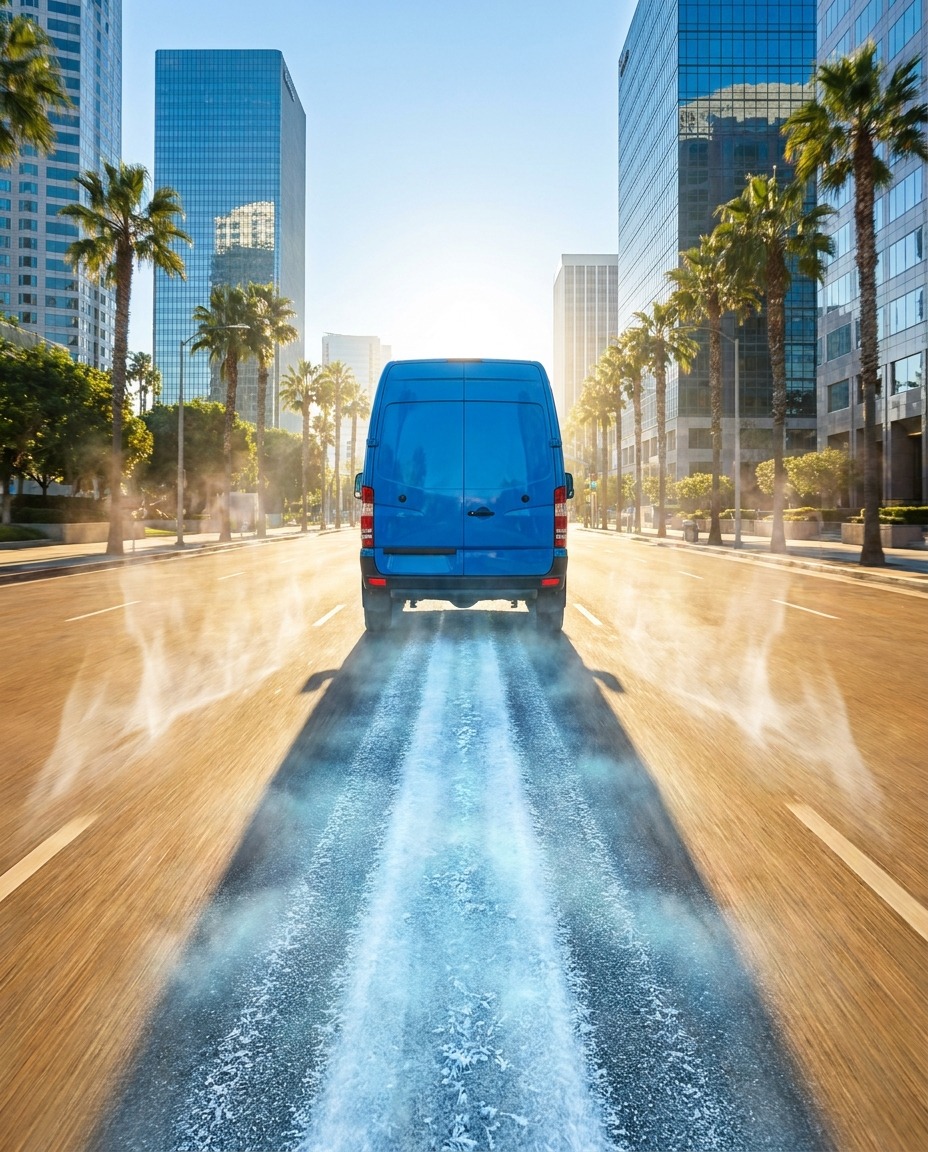 Summer reliability: blue Shipa van with a cool fresh frosty wake through the heat-shimmer (hero, approved)