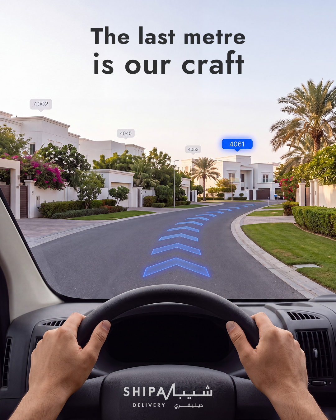 Final v2 (Figma): driver view, AR navigation, headline "The last metre is our craft" (Yosser's line), logo on wheel