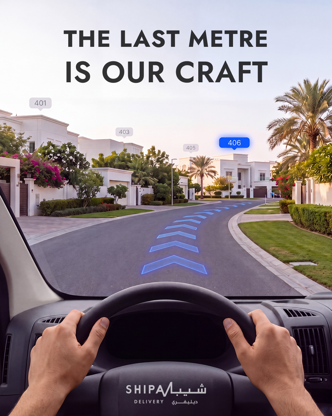 Final v3 (Figma): 3-digit villa tags 401/403/405/406 per Yosser, headline "The last metre is our craft", logo on wheel