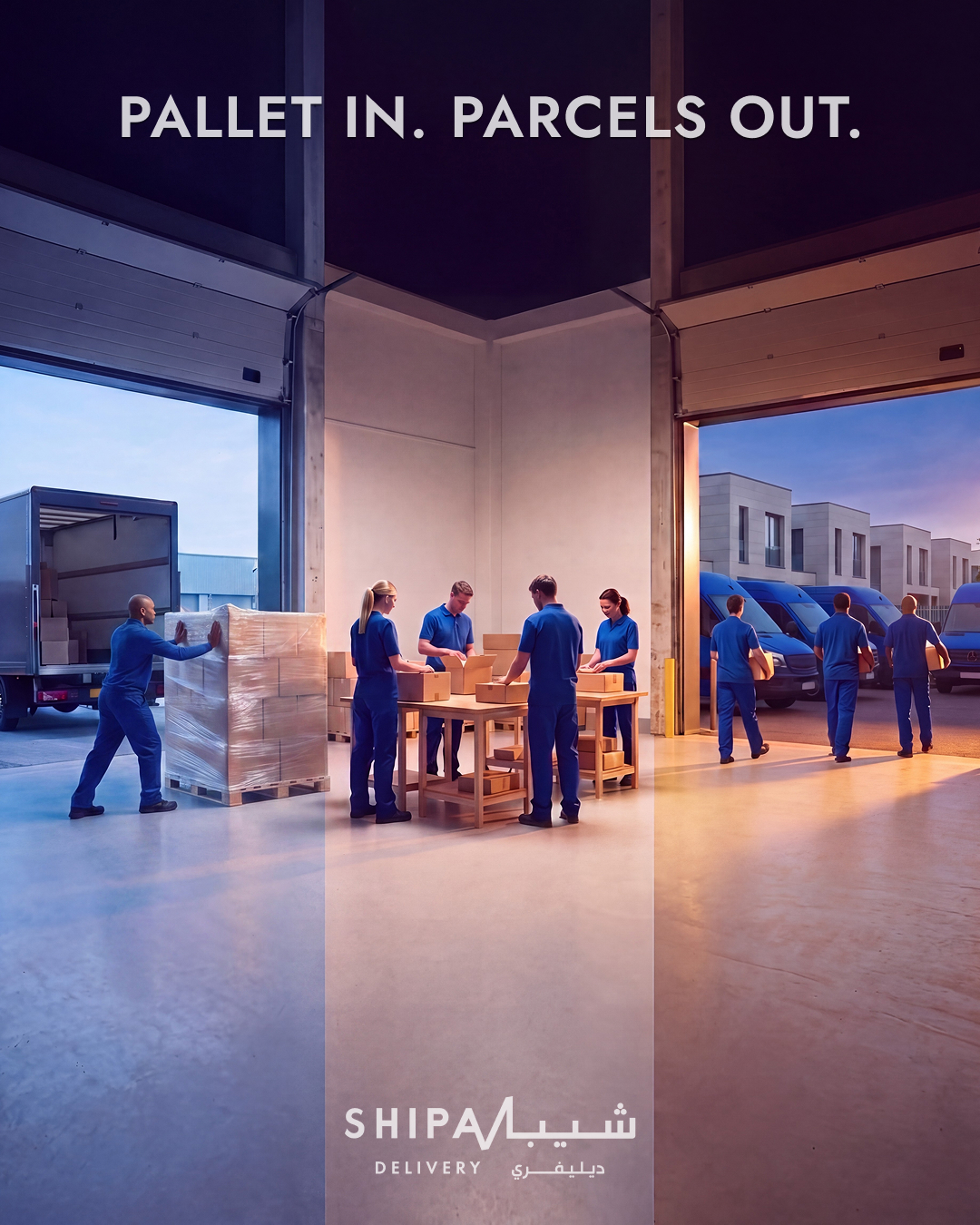 Final Option B (Figma): depot photo, pallet in left, couriers out right, logo and headline baked in