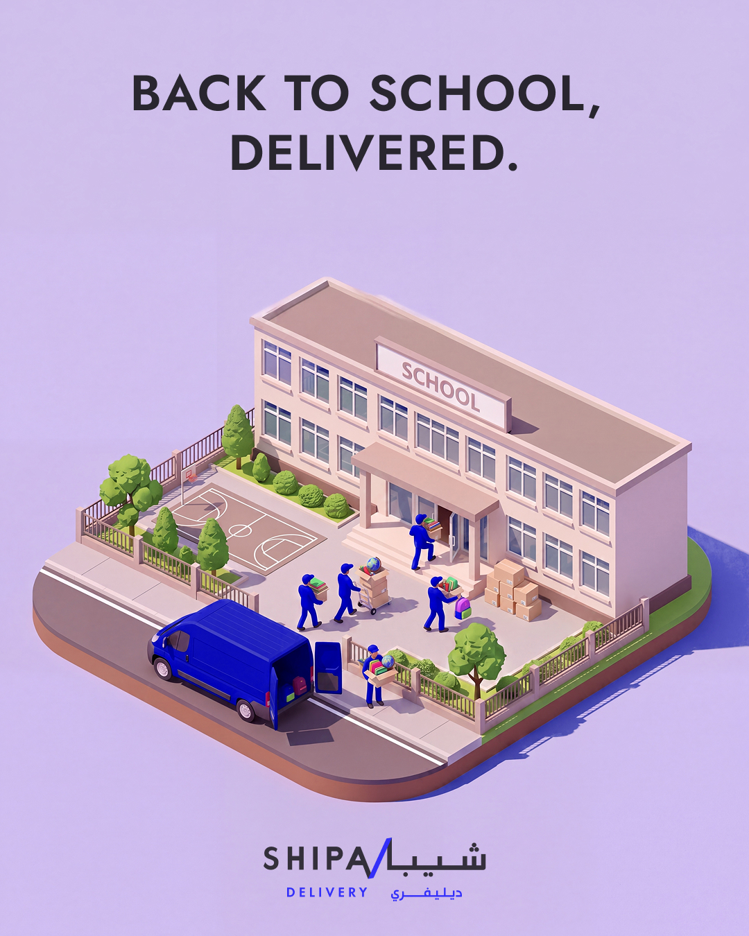 Final v3 (Figma): school diorama, supplies in hands, headline "Back to School, Delivered." (Yosser's line), logo baked in