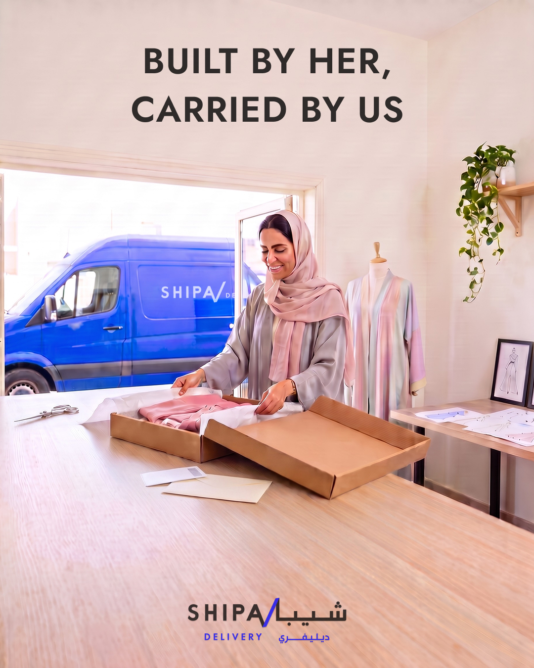 Final v2: Emirati designer packing a dress in her atelier, Shipa van with logo in the doorway (Figma final by Ton)