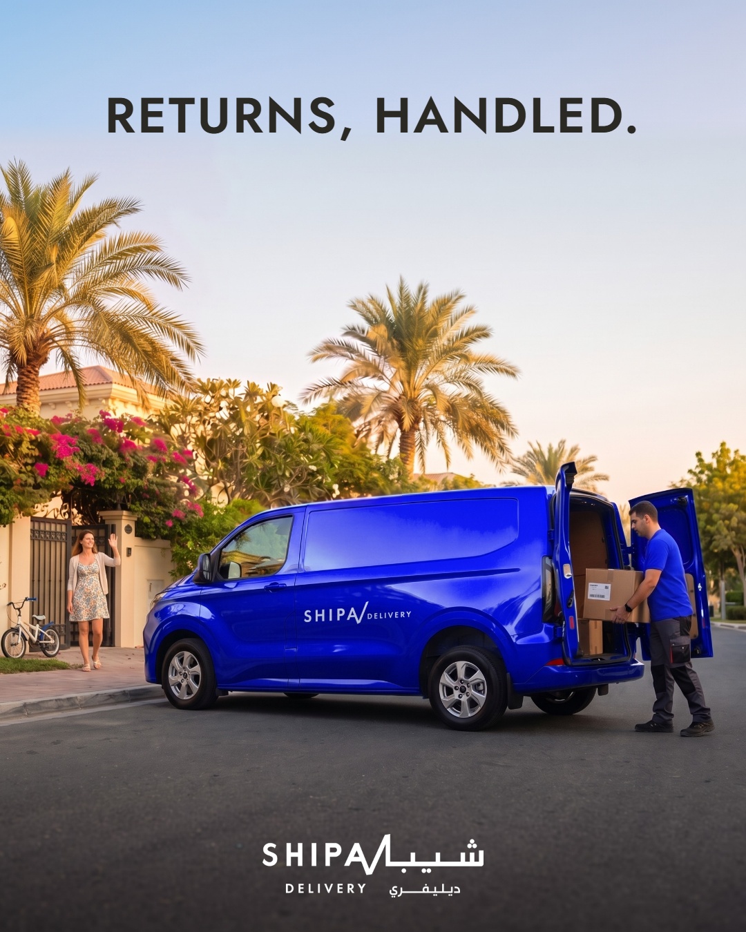 Returns, handled. (final v2, headline on top, courier in brand blue)